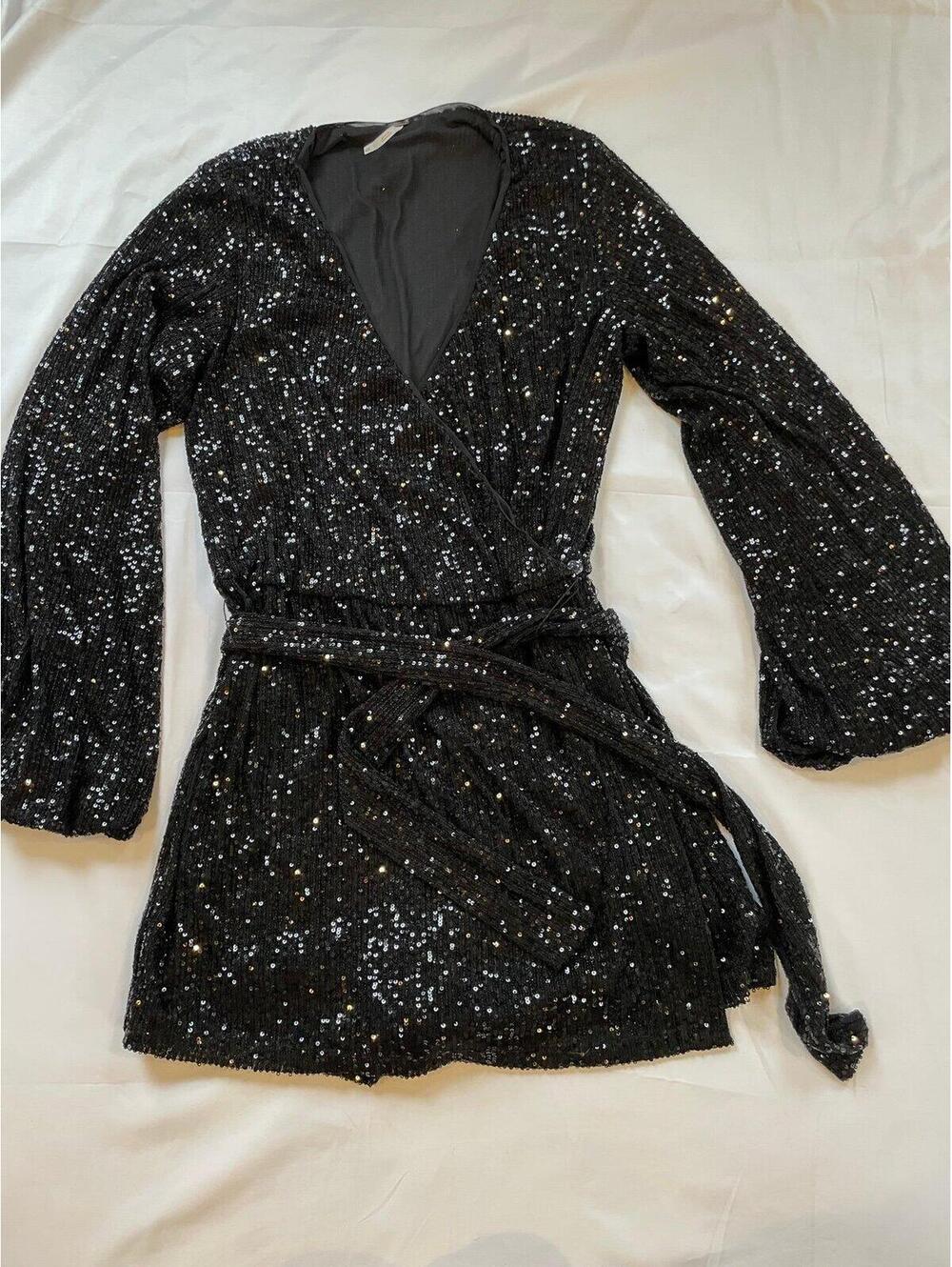 Free People Black Sequin Wrap Romper Medium Long Sleeve - Picture 2 of 8